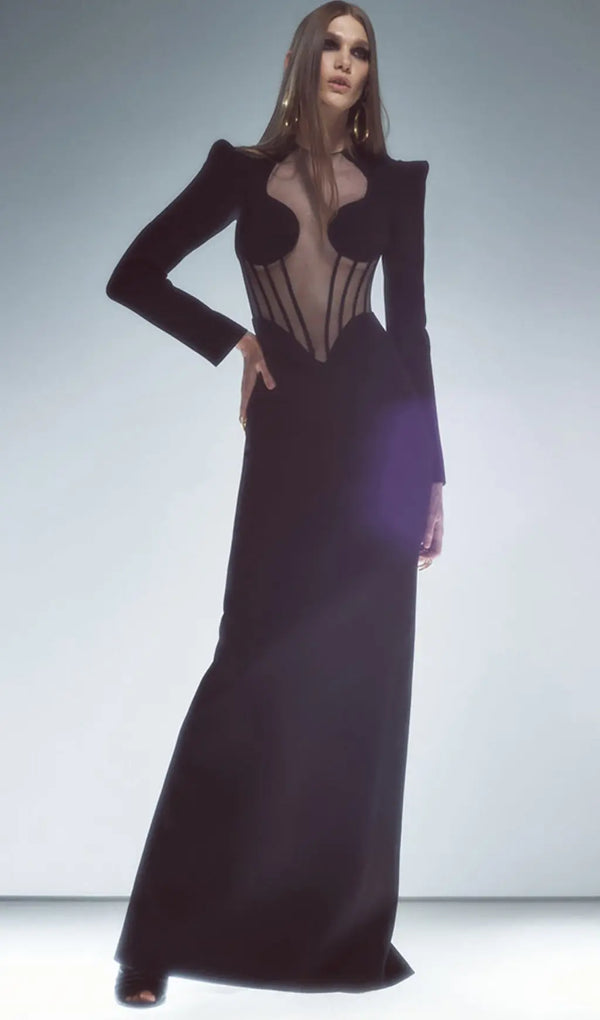 BLACK MESH CORSET DETAIL BANDAGE LONG DRESS-Fashionslee