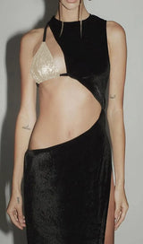 BLACK CUTOUT HIGH SPLIT MAXI BANDAGE DRESS-Fashionslee