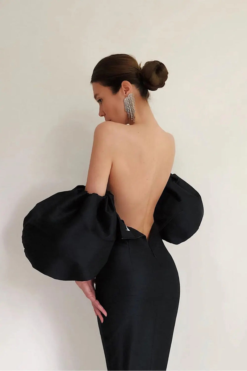 Off Shoulder Backless Puff Sleeves Midi Dress-Fashionslee