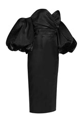 Off Shoulder Backless Puff Sleeves Midi Dress-Fashionslee