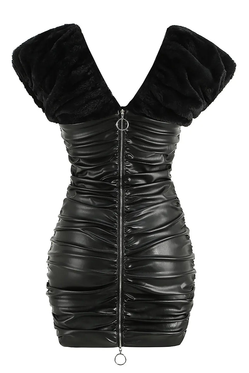 Black Ruched Shawl Leather Coat Dress-Fashionslee