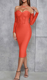 CORSET RUCHED MIDI DRESS IN RED-Fashionslee