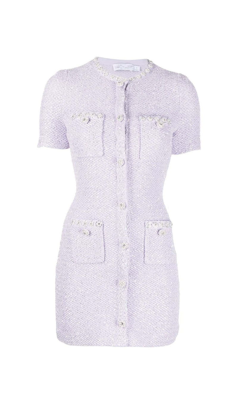 CRYSTAL-EMBELLISHED BUTTON MINI DRESS IN LILAC-Fashionslee