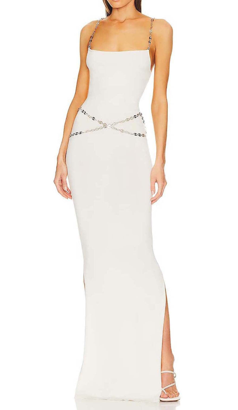 CRYSTAL STRAPPY BANDAGE MAXI DRESS IN WHITE-Fashionslee