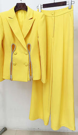 CRYSTAL TRIM CUTOUT JACKET SUIT IN YELLOW-Fashionslee