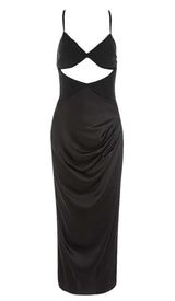 CUT OUT FRONT SATIN CAMI MIDI DRESS IN BLACK-Fashionslee