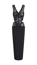 CUT-OUT TULLE CORSET MAXI DRESS IN BLACK-Fashionslee