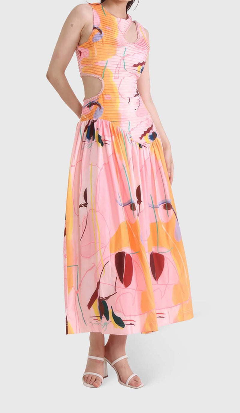 CUT OUTS ROUND NECK MAXI DRESS IN MULTICOLOR-Fashionslee