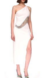 CUTOUT CRYSTALS HIGH-LOW DRESS IN WHITE-Fashionslee