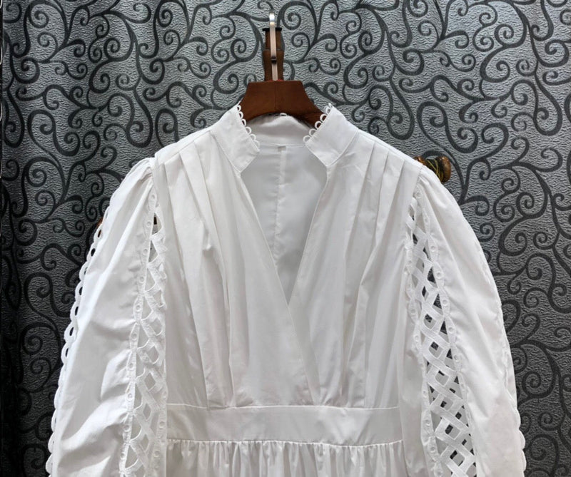 CUTWORK PLUNGE MIDI DRESS IN WHITE-Fashionslee