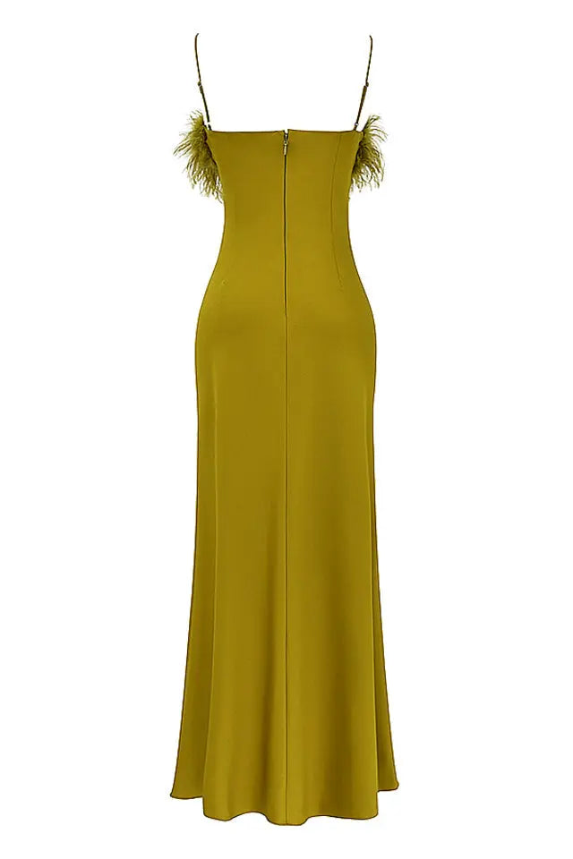 CHARTREUSE STRAPPY FEATHER-TRIM MAXI DRESS-Fashionslee