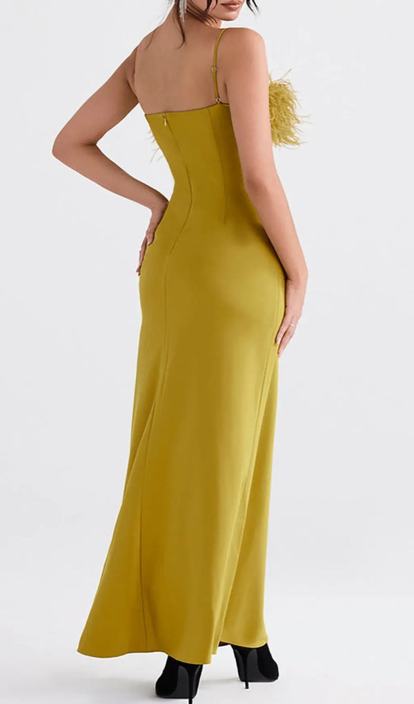 CHARTREUSE STRAPPY FEATHER-TRIM MAXI DRESS-Fashionslee