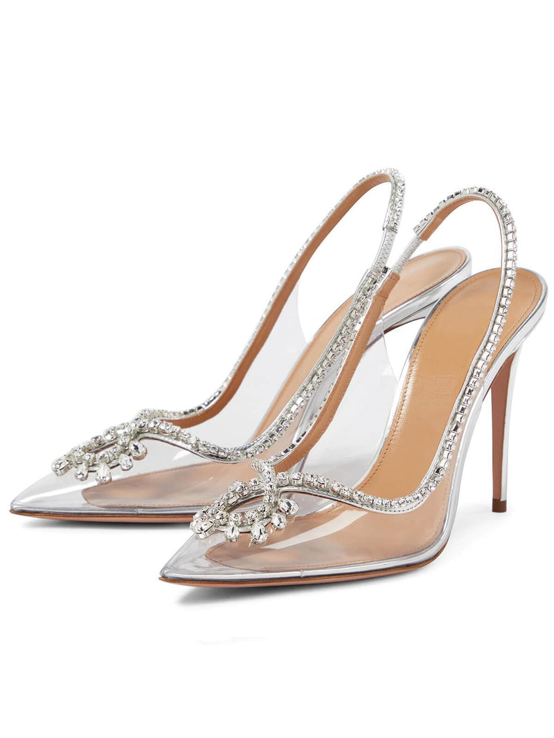 CRYSTAL CUTOUT EMBELLISHED PUMPS IN SILVER-Fashionslee