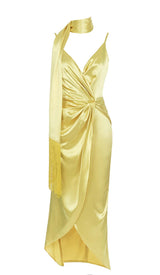 DRAPED DETAIL HIGH SLIT MAXI DRESS IN GOLD-Fashionslee