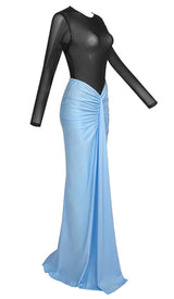 DROPPED WAIST RUCHED MAXI DRESS IN BLUE-Fashionslee