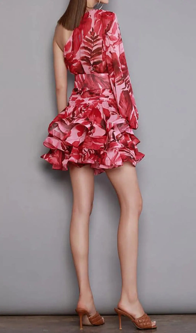 RED DIAGONAL COLLAR FLORAL PRINT MINI DRESS-Fashionslee