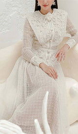 EMBROIDERY LACE LONG SLEEVE MIDI DRESS IN WHITE-Fashionslee