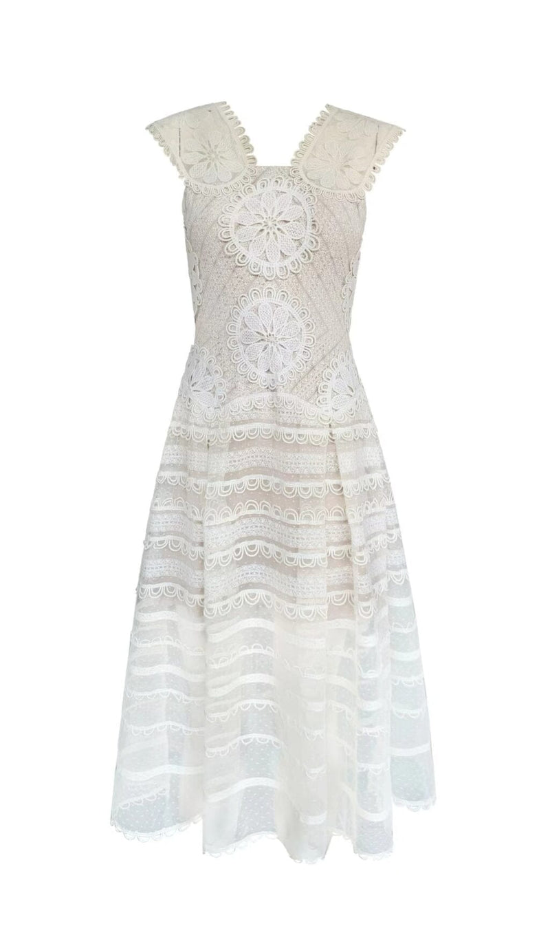 EMBROIDERY TIERED MIDI DRESS IN IVORY WHITE-Fashionslee