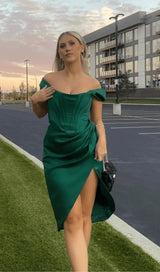 EMERALD STAIN STRAPLESS RUCHED MIDI DRESS-Fashionslee