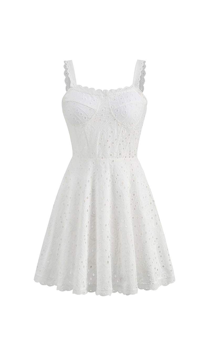 EYELET LACE STRAPPY MINI DRESS IN WHITE-Fashionslee