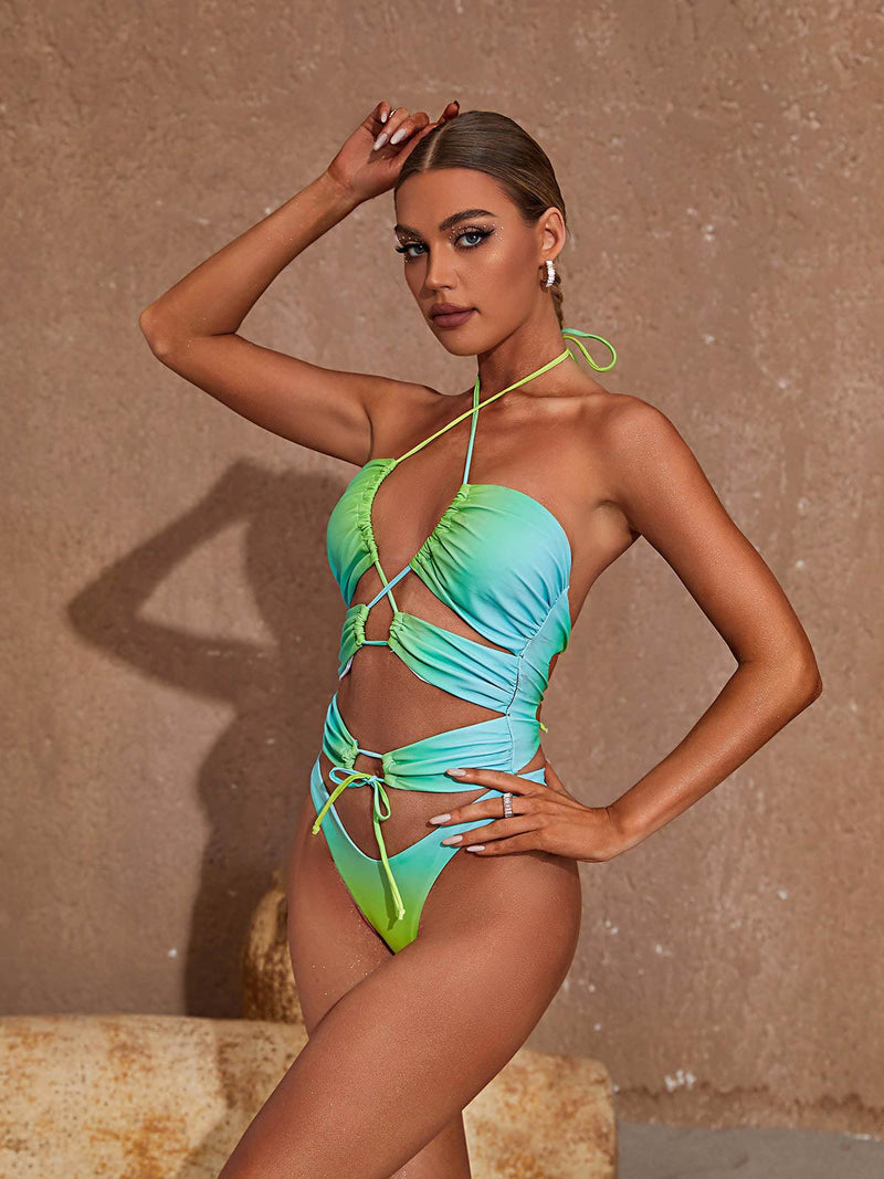 CUTOUT ONE PIECE SWIMSUIT IN GREEN-Fashionslee