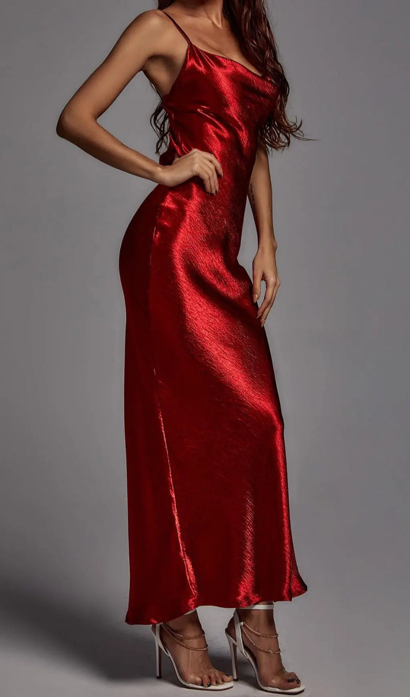 RED STRAPPY METALLIC MAXI DRESS-Fashionslee
