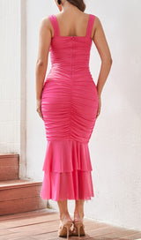 RUCHED MESH MAXI DRESS IN HOT PINK-Fashionslee