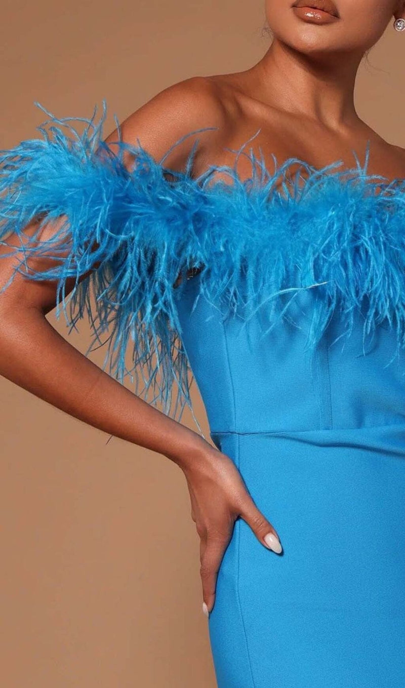 FEATHER TRIM OFF THE SHOULDER HIGH LOW DRESS IN BLUE-Fashionslee