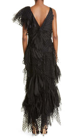 FEATHER V-NECK FLUTED MAXI DRESS IN BLACK-Fashionslee