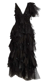 FEATHER V-NECK FLUTED MAXI DRESS IN BLACK-Fashionslee