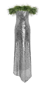 FEATHERED SEQUINED MAXI DRESS IN METALLIC SILVER-Fashionslee
