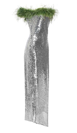 FEATHERED SEQUINED MAXI DRESS IN METALLIC SILVER-Fashionslee