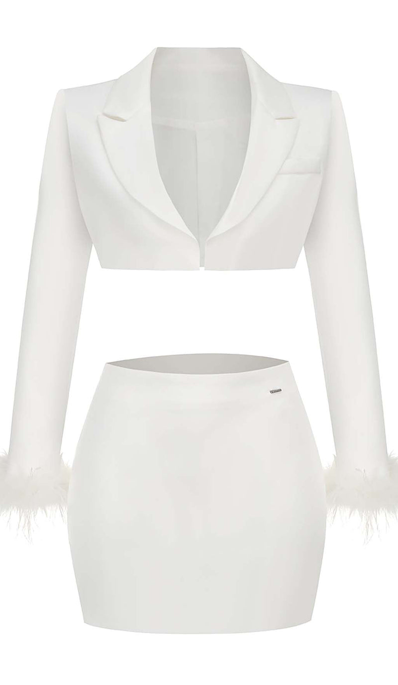 FEATHERS JACKET AND SHORT SKIRT IN WHITE-Fashionslee