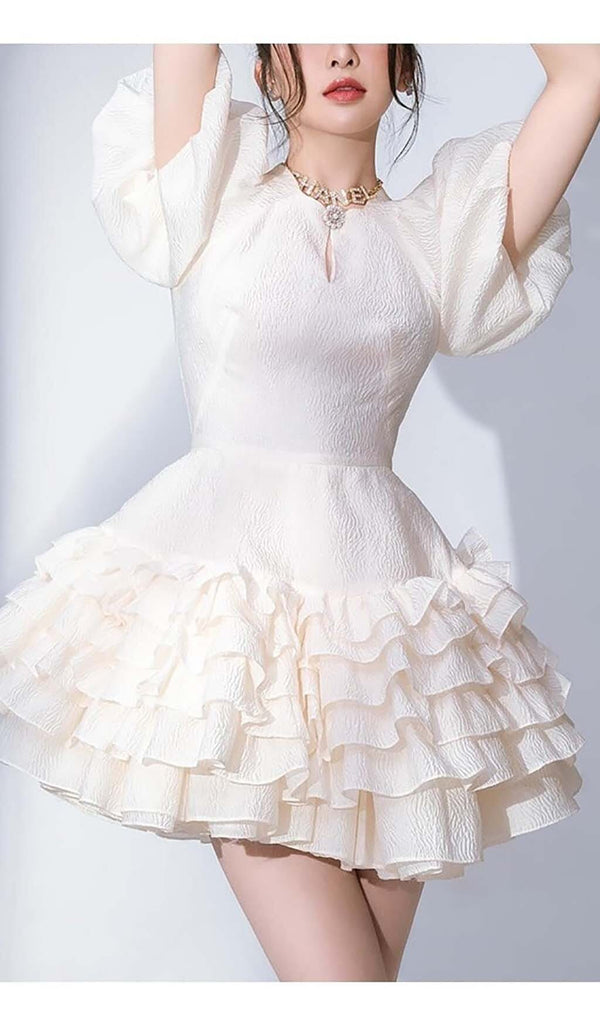 FLARED BUBBLE MINI DRESS IN WHITE-Fashionslee
