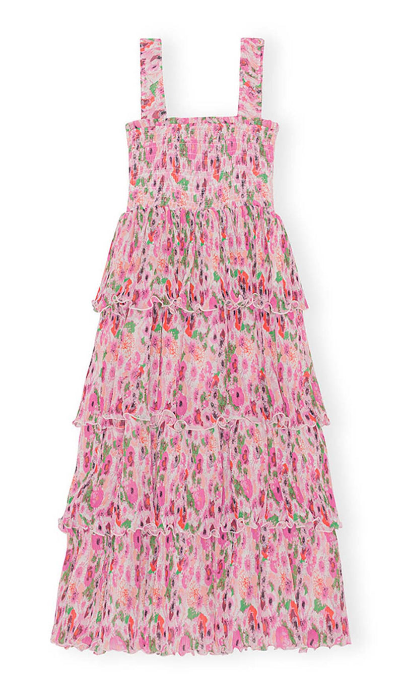 FLORAL-APPLIQUÉ TIERED MIDI DRESS IN PINK-Fashionslee