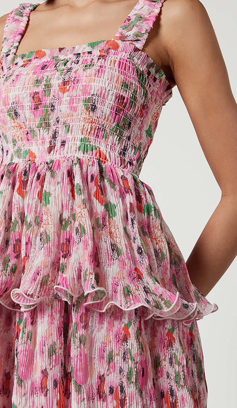 FLORAL-APPLIQUÉ TIERED MIDI DRESS IN PINK-Fashionslee
