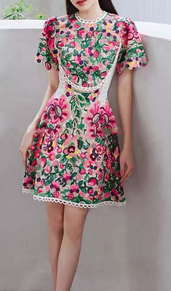 FLORAL-EMBROIDERED LACE DRESS IN LIPSTICK-Fashionslee