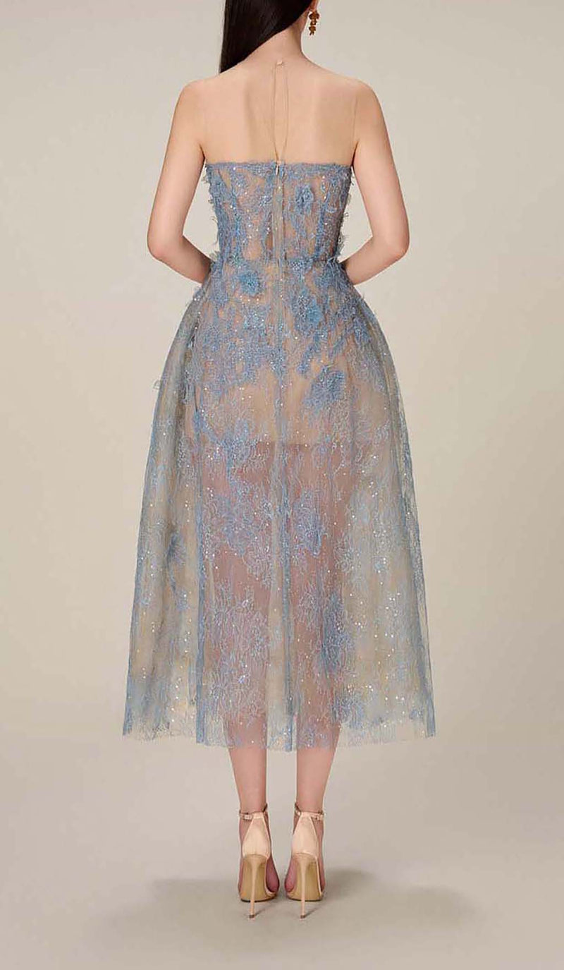 ALLYSON BLUE FLORAL LACE EMBROIDER MIDI DRESS-Fashionslee