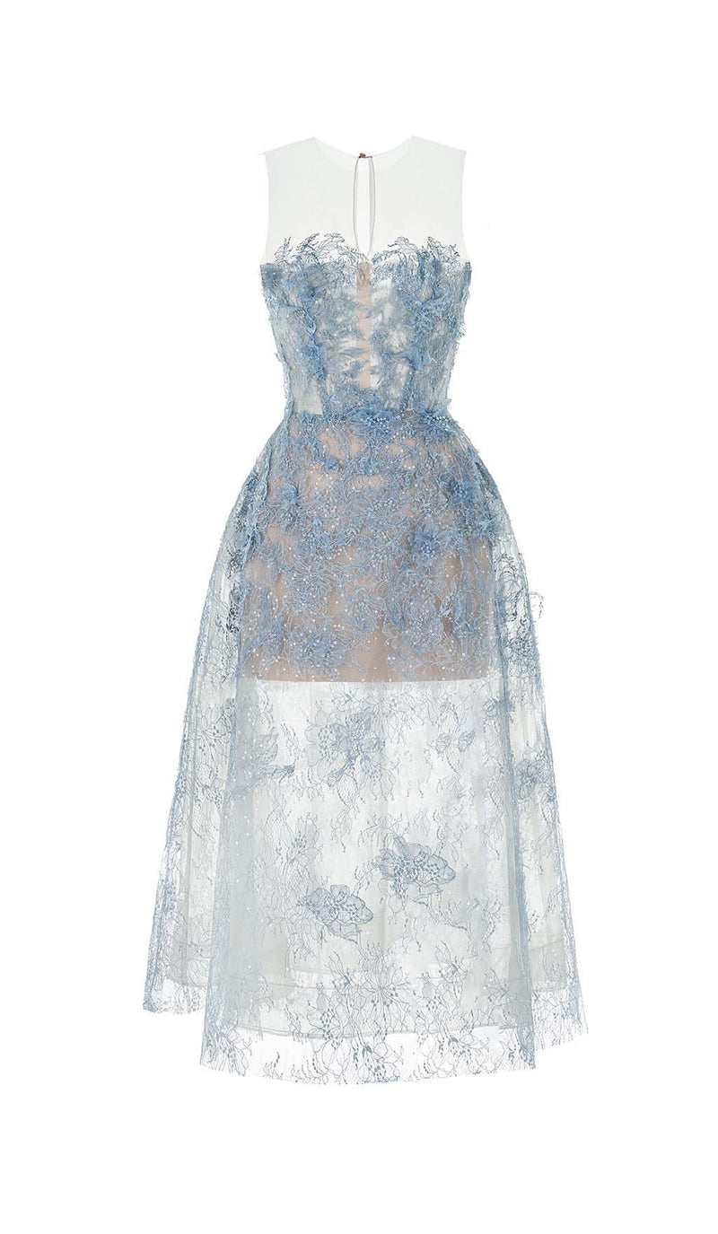ALLYSON BLUE FLORAL LACE EMBROIDER MIDI DRESS-Fashionslee