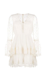 FLORAL-LACE TIERED MINI DRESS IN LVORY-Fashionslee