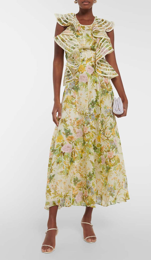 FLORAL LINEN AND SILK MIDI DRESS-Fashionslee