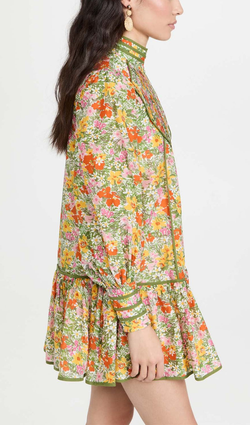 FLORAL PRINT LACE-UP MIDI DRESS IN AUTUMN LEAVES-Fashionslee