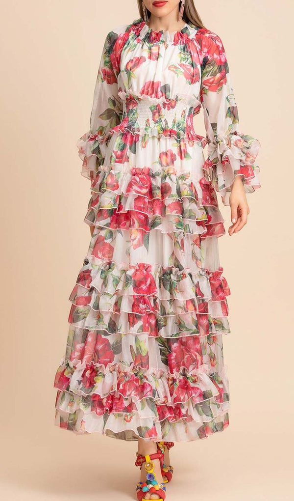 FLORAL TIERED MIDI DRESS IN PINK-Fashionslee