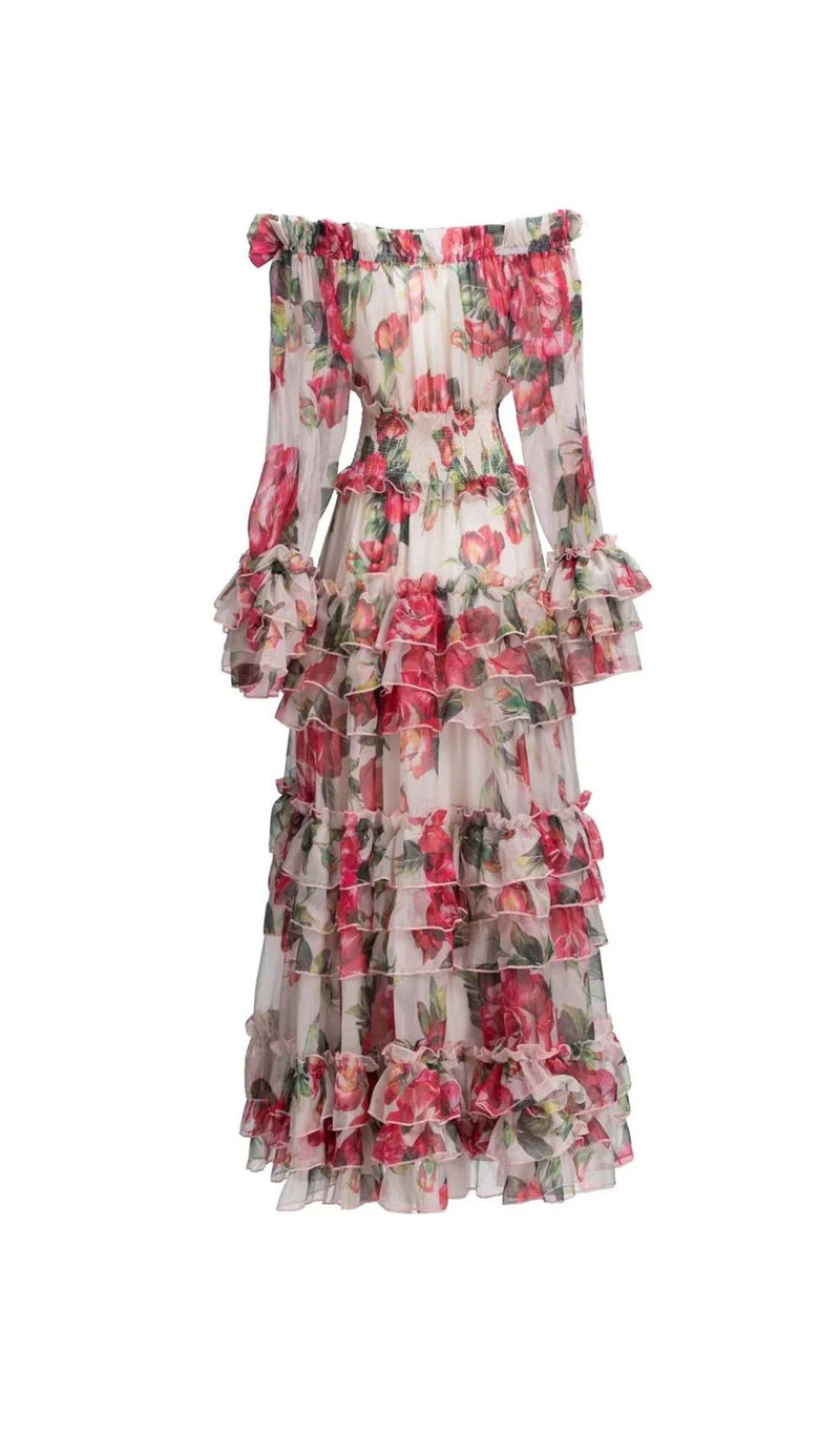 FLORAL TIERED MIDI DRESS IN PINK-Fashionslee