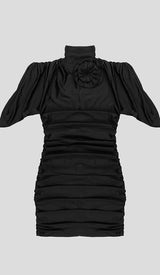 FLOWER-EMBELLISHED RUCHED MINI DRESS IN BLACK-Fashionslee