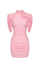 FLOWER-EMBELLISHED RUCHED MINI DRESS IN PINK-Fashionslee