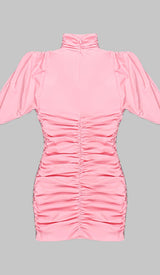 FLOWER-EMBELLISHED RUCHED MINI DRESS IN PINK-Fashionslee