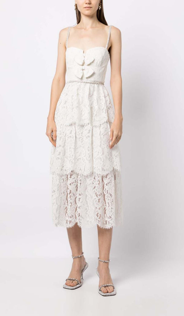 FRONT BOW TIERED MIDI DRESS IN WHITE-Fashionslee