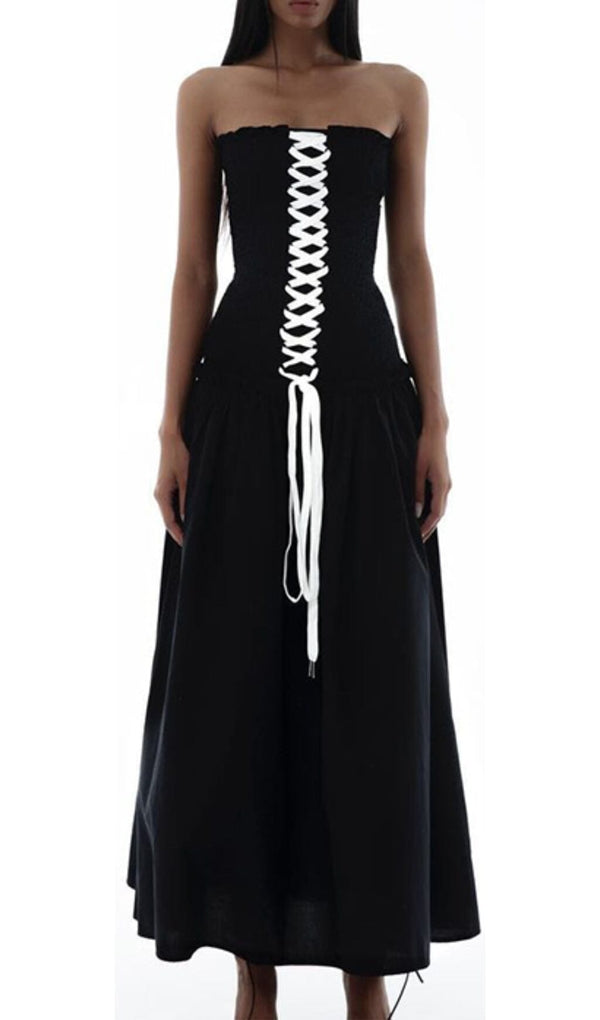 FRONT LACE UP STRAPLESS MAXI DRESS IN BLACK-Fashionslee