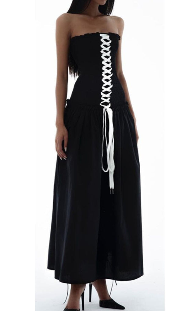 FRONT LACE UP STRAPLESS MAXI DRESS IN BLACK-Fashionslee